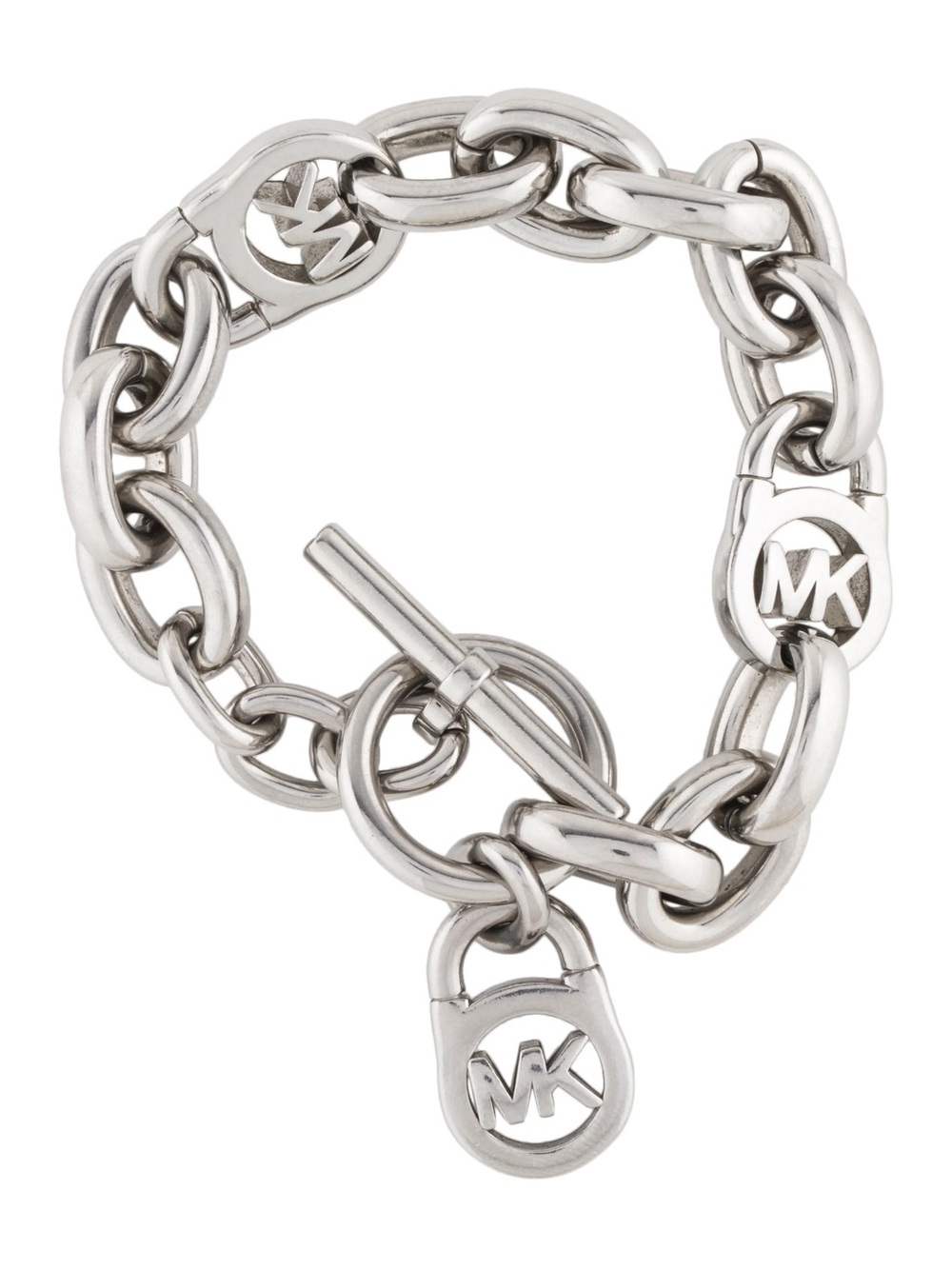 Michael Kors Polished Silver-Tone MK Charm Chain Bracelet